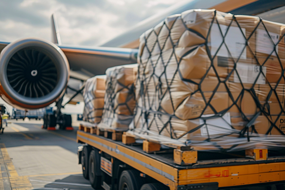 Cargo pallets wrapped in netting on a yellow flatbed trailer beside a large jet engine on the airport tarmac