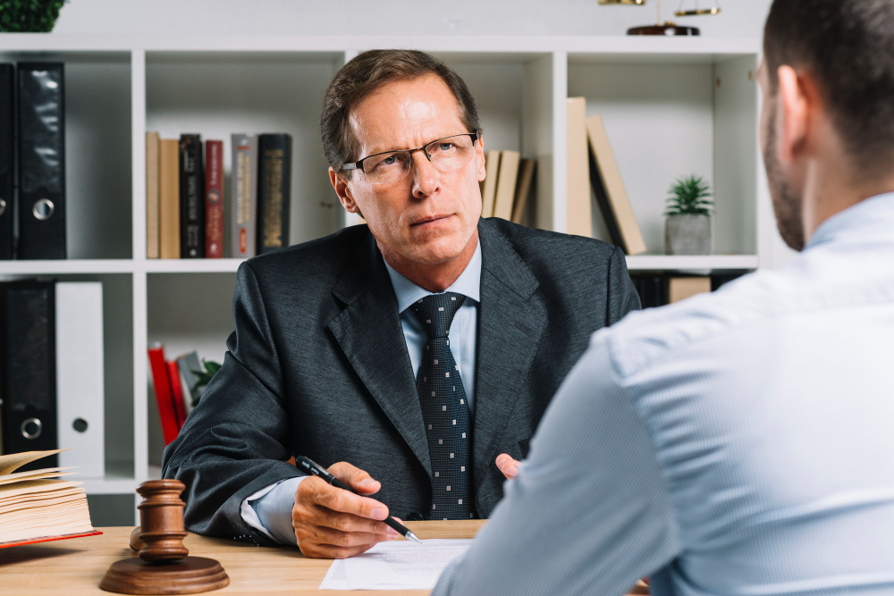 Attorney in a dark suit and glasses sits at a desk with documents, listening to a client across the table in a professional office.