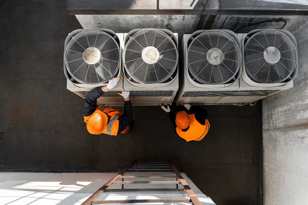 774909 - Martorell Instalaciones | PymesAutonomos.com Two workers in orange safety gear inspect large outdoor air conditioning units on a rooftop, viewed from above.