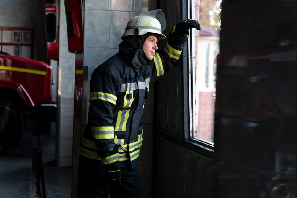 Firefighter in full turnout gear and helmet standing by a window, gazing outside inside a fire station. | PymesAutonomos.com
