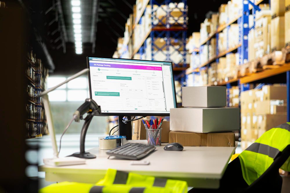 Warehouse workstation with monitor showing DC Package Tracking, surrounded by boxes and office supplies. | PymesAutonomos.com
